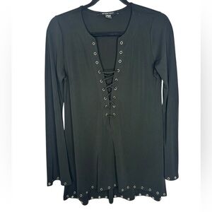 Fifteen/Twenty Black Long-sleeve Lace-up Blouse Grommet Details Goth Lightweight
